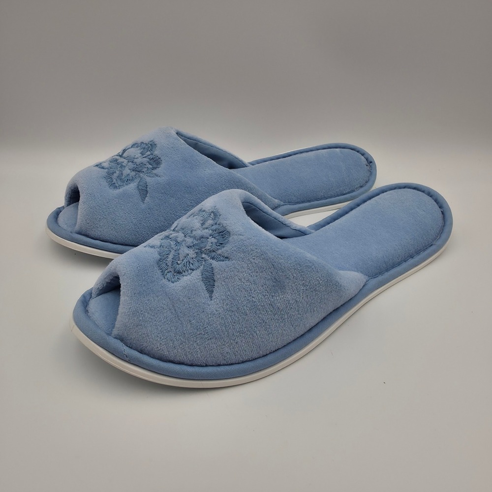 RG Barry Blue Velour Floral Embroidered Open Toe Slippers Size Medium 6.5-7.5